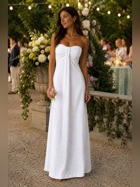 White Seersucker Strapless Dress